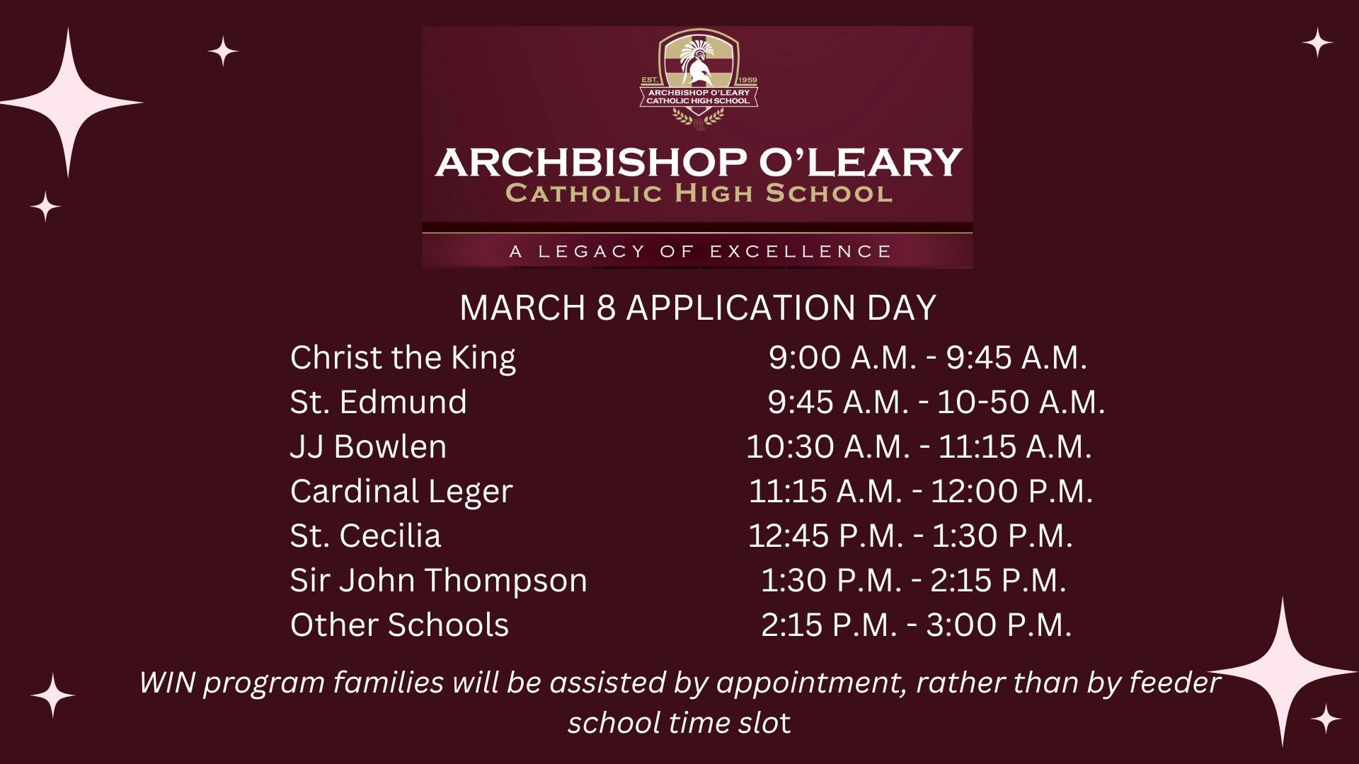 March 8 Application Day TIMES for feeder schools
